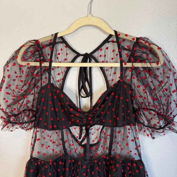 SHEIN Puff Sleeve Black with Red Heart Mesh Dress Sweetheart Neckline - Picture 2 of 5